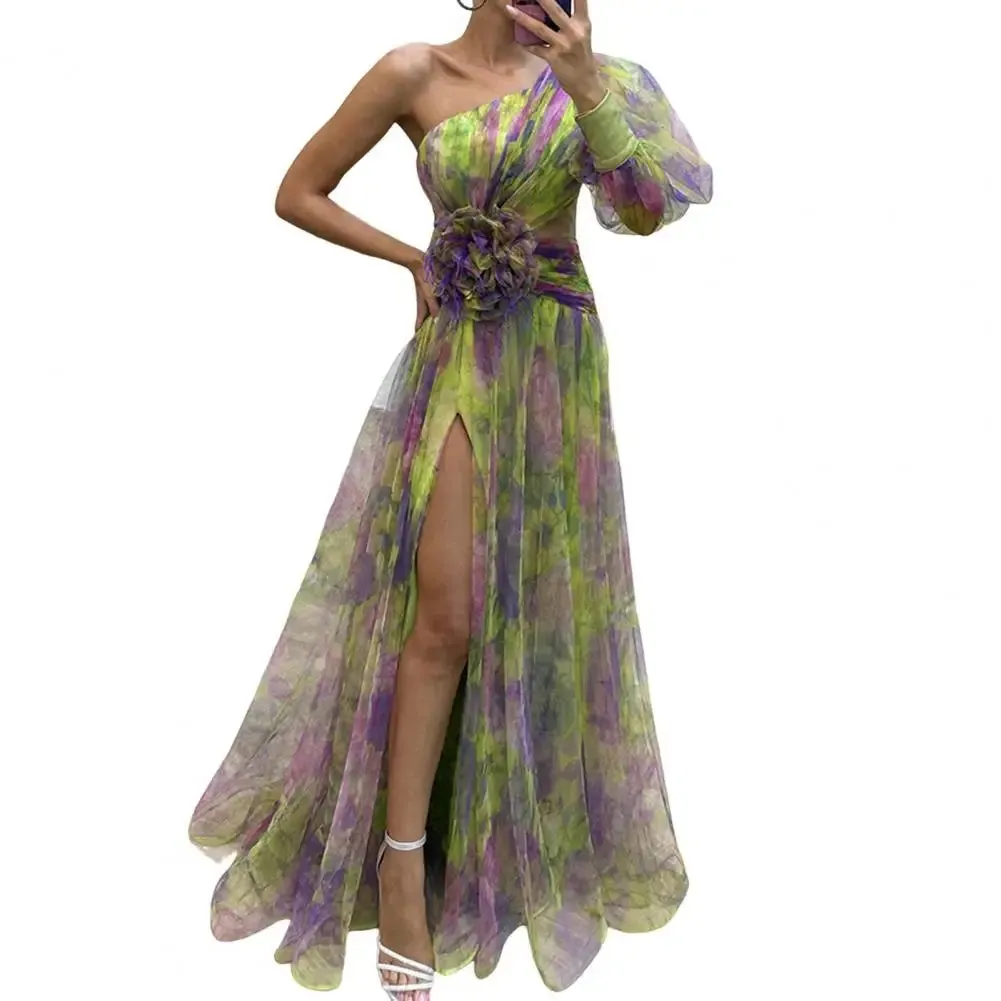 Off-shoulder A-line Evening Dress Elegant One Shoulder Tie-dye Ball Gown with Mesh Bubble Sleeve Split Hem Women's Floor Length