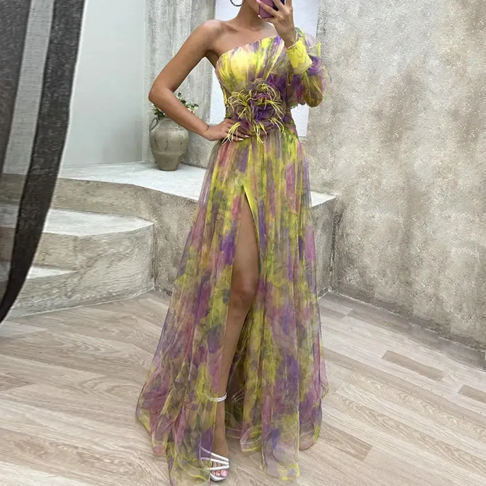 Off-shoulder A-line Evening Dress Elegant One Shoulder Tie-dye Ball Gown with Mesh Bubble Sleeve Split Hem Women's Floor Length