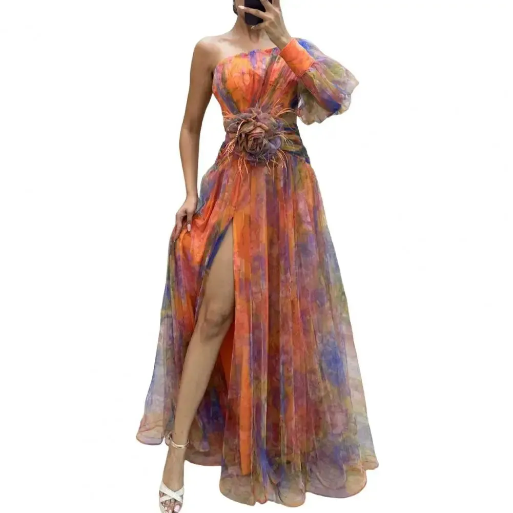 Off-shoulder A-line Evening Dress Elegant One Shoulder Tie-dye Ball Gown with Mesh Bubble Sleeve Split Hem Women's Floor Length