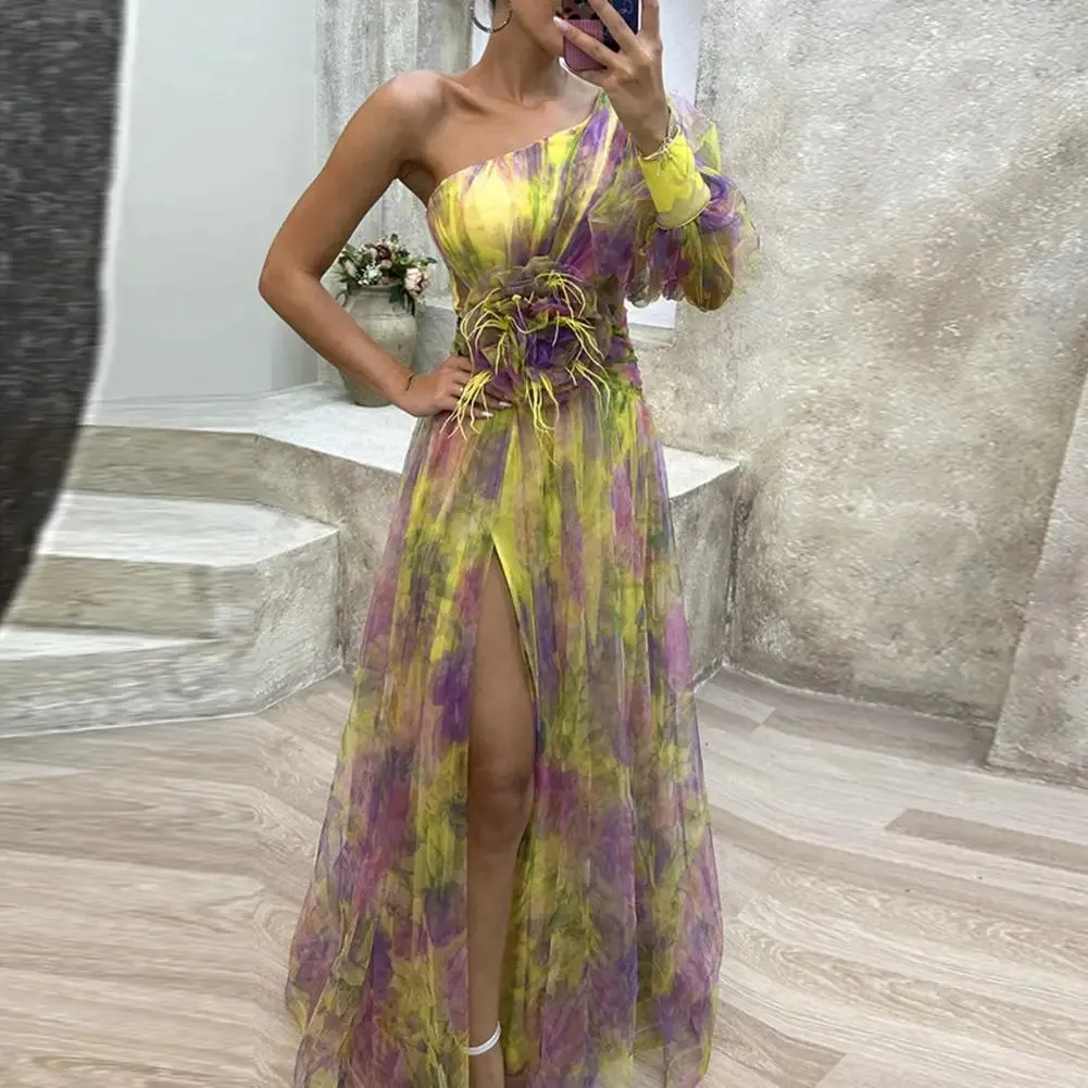 Off-shoulder A-line Evening Dress Elegant One Shoulder Tie-dye Ball Gown with Mesh Bubble Sleeve Split Hem Women's Floor Length