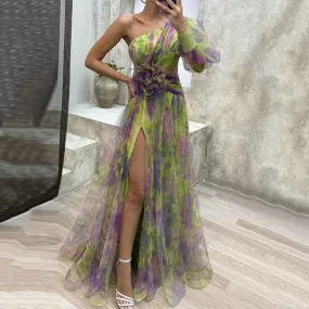 Off-shoulder A-line Evening Dress Elegant One Shoulder Tie-dye Ball Gown with Mesh Bubble Sleeve Split Hem Women's Floor Length