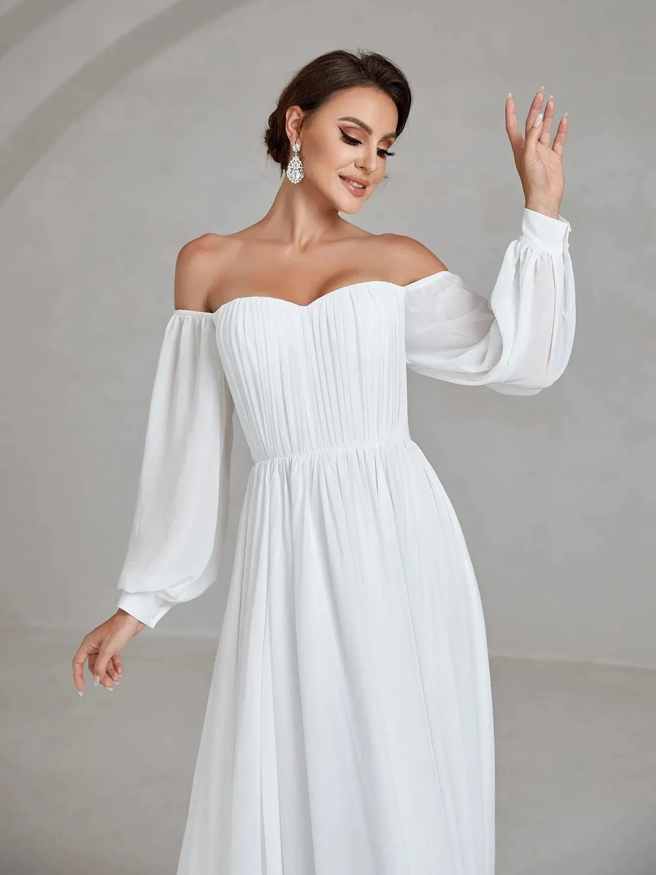 Off Shoulder Lantern Sleeve Chiffon Wedding Dress