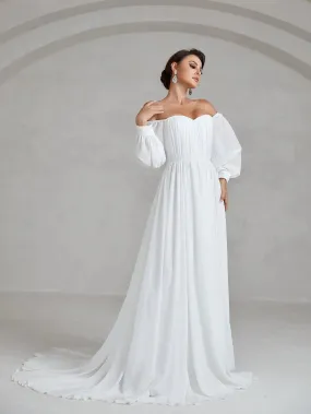 Off Shoulder Lantern Sleeve Chiffon Wedding Dress