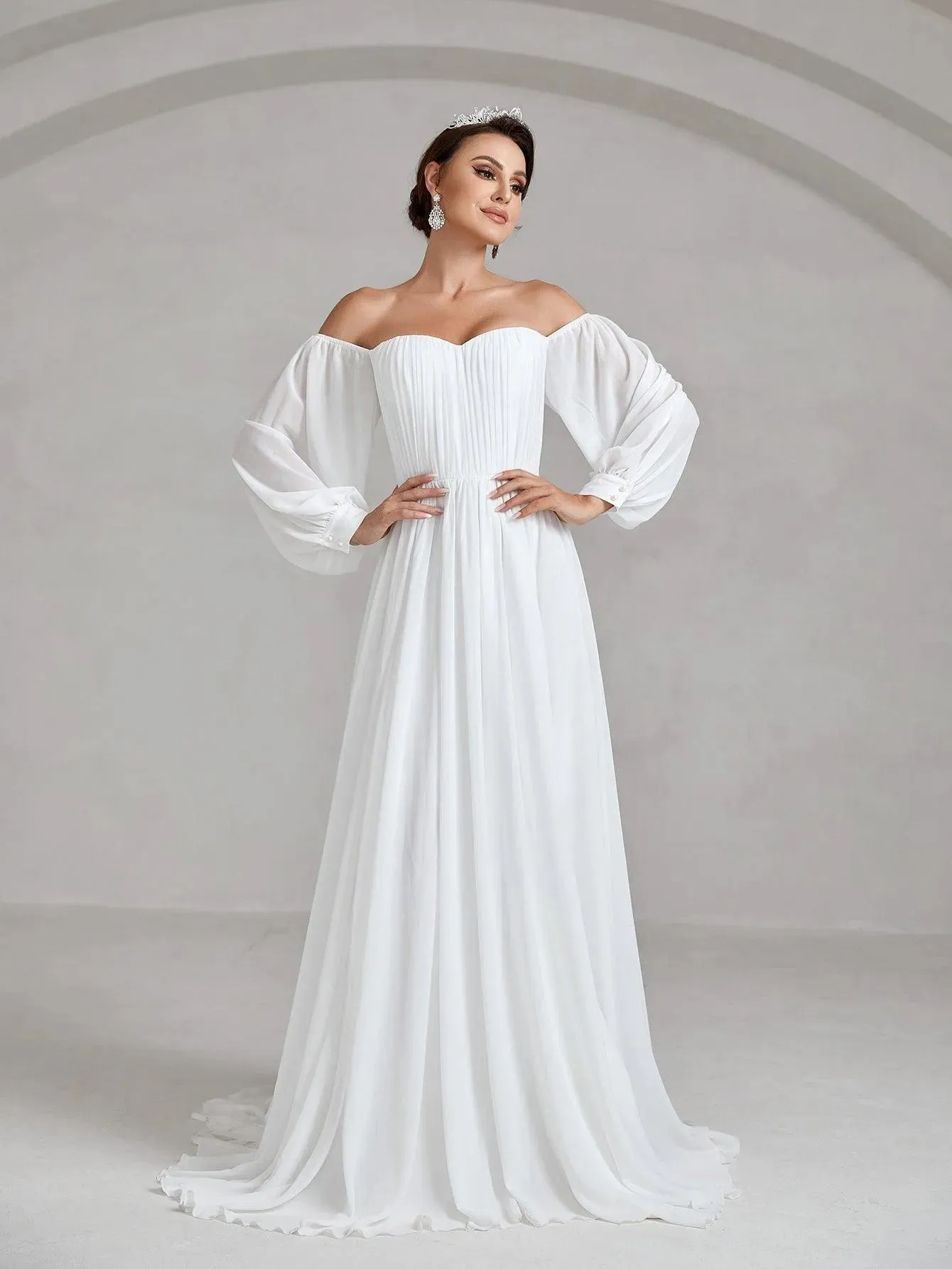 Off Shoulder Lantern Sleeve Chiffon Wedding Dress