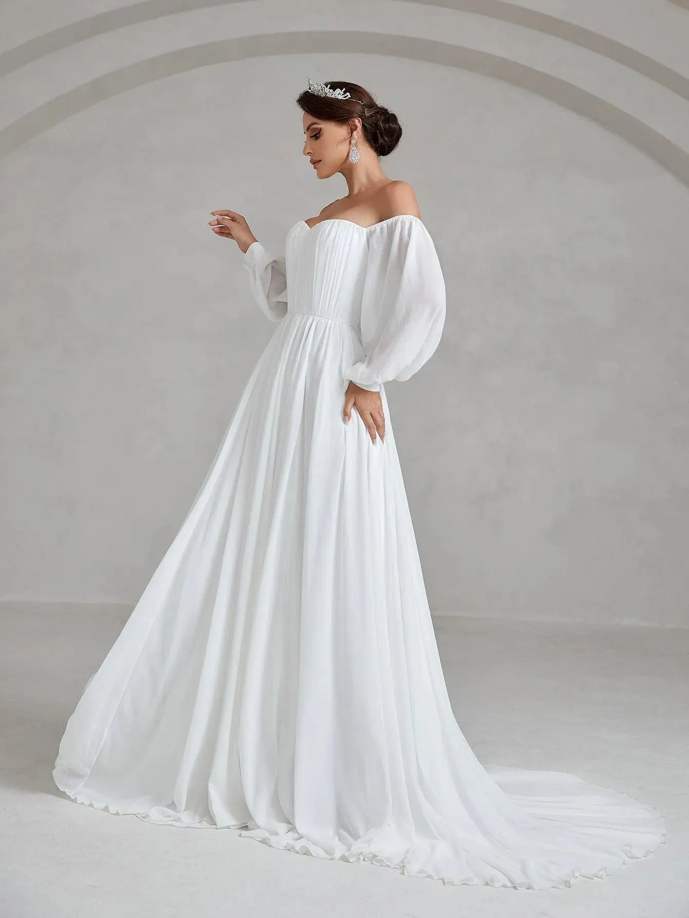 Off Shoulder Lantern Sleeve Chiffon Wedding Dress