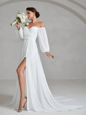 Off Shoulder Lantern Sleeves Chiffon Wedding Dress