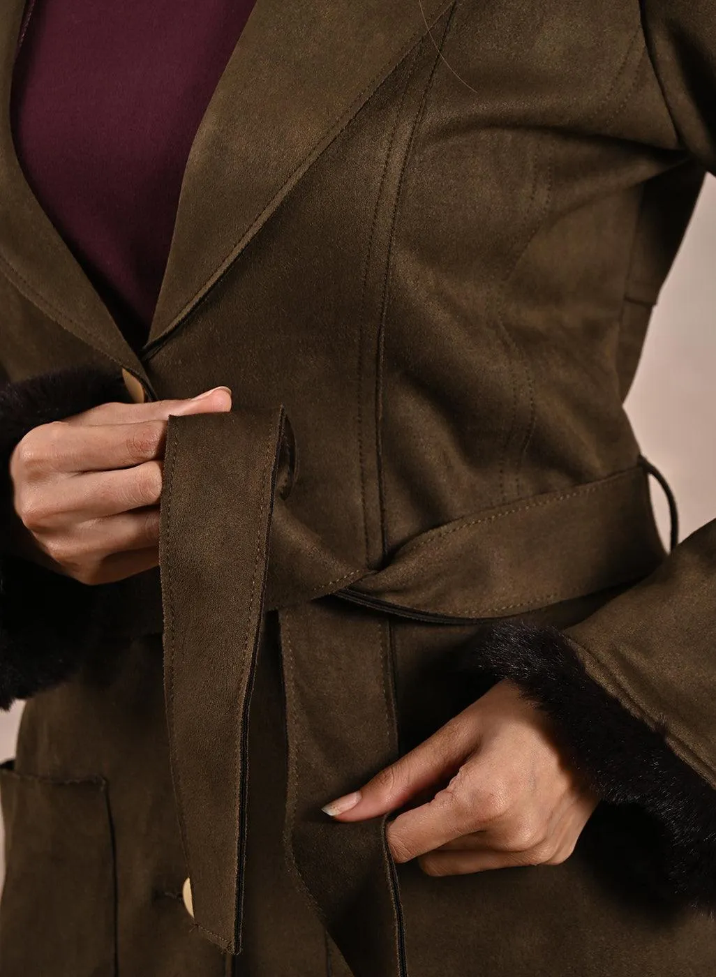 Olive Long Belted Trench Coat with Fur Detailing