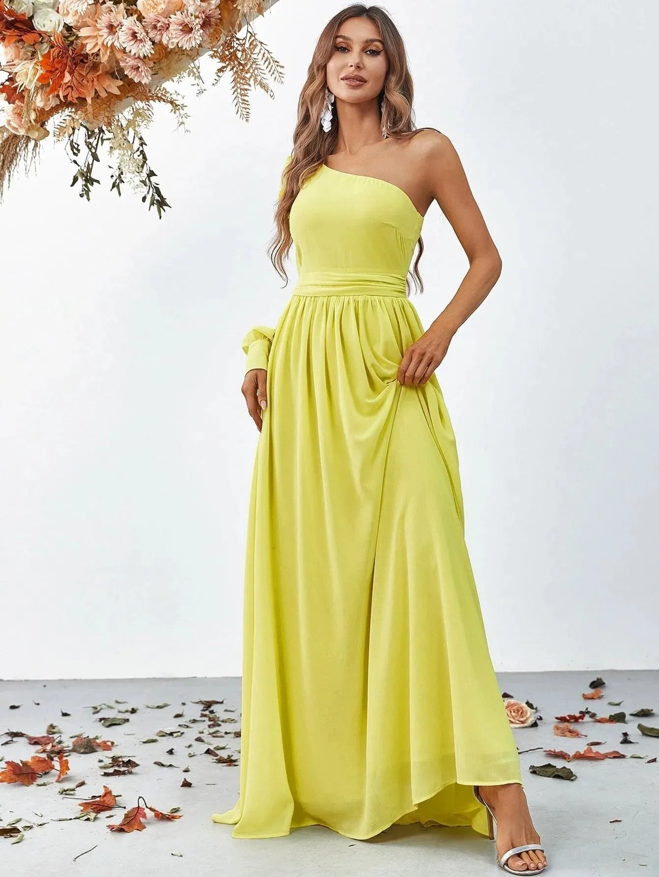 One Shoulder Lantern Sleeves Chiffon Party Dress