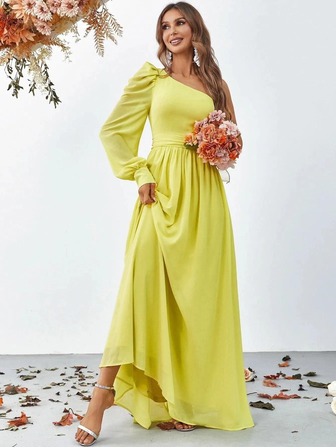 One Shoulder Lantern Sleeves Chiffon Party Dress