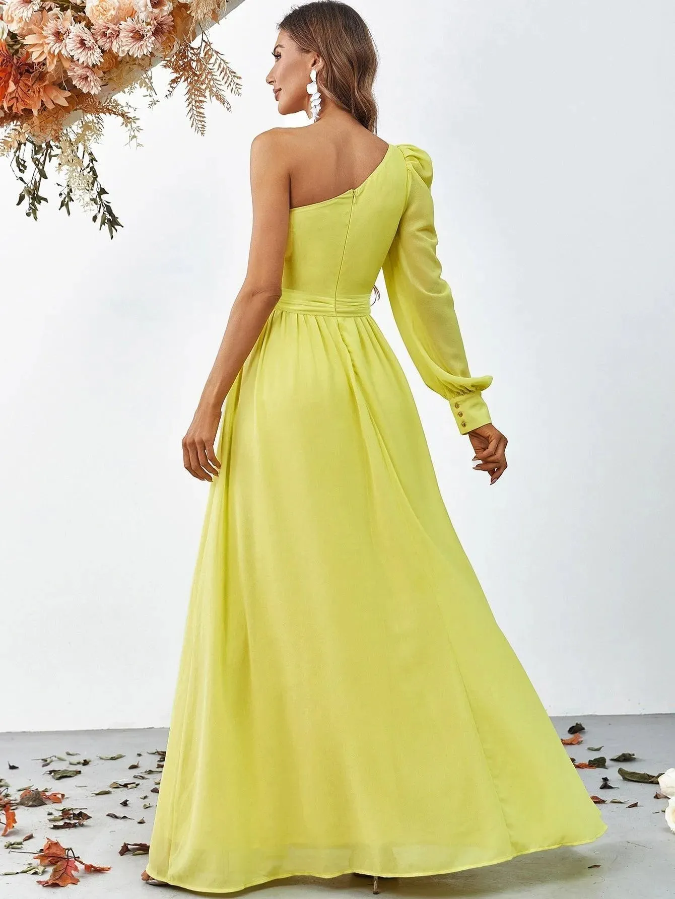 One Shoulder Lantern Sleeves Chiffon Party Dress