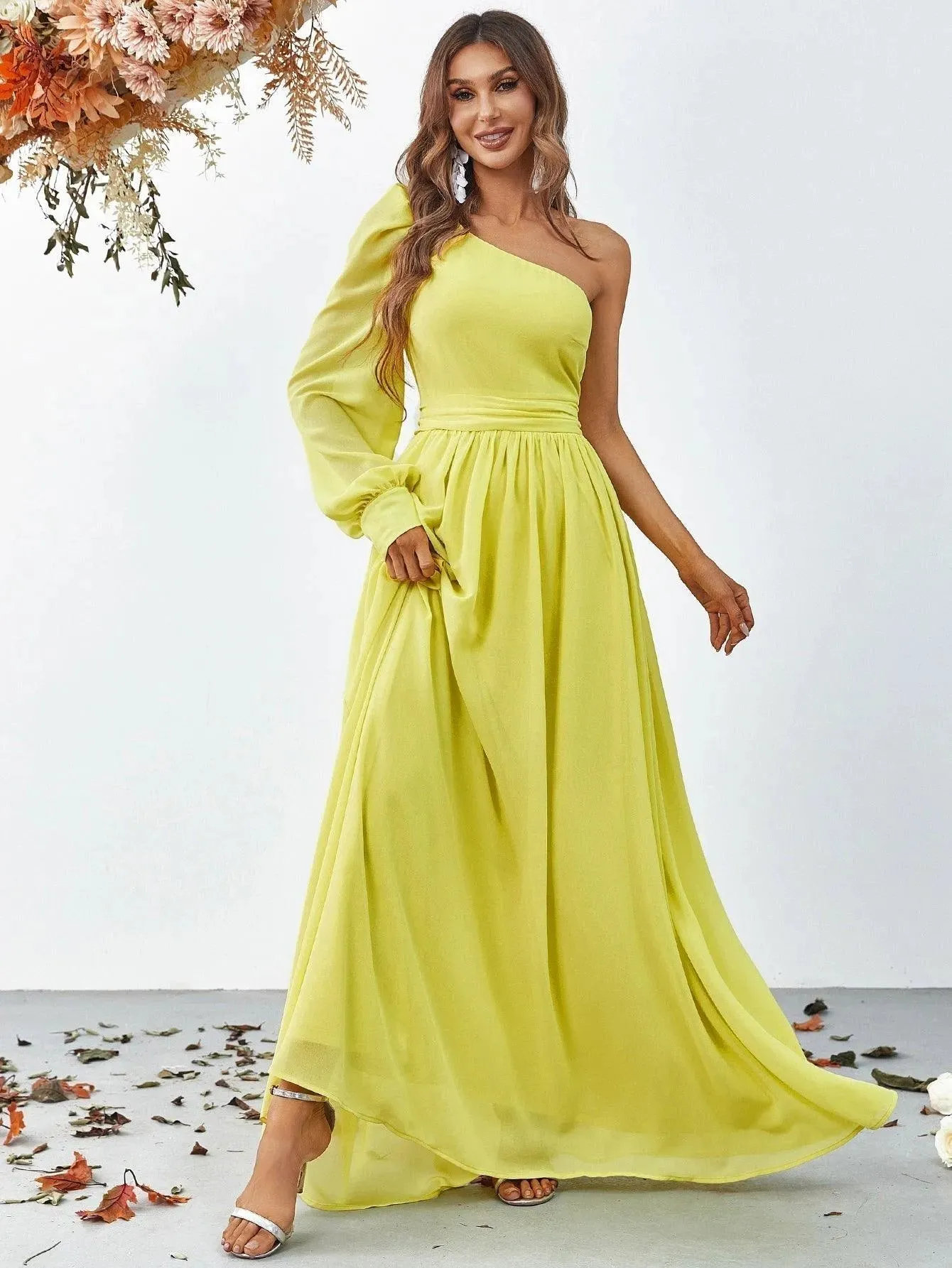 One Shoulder Lantern Sleeves Chiffon Party Dress