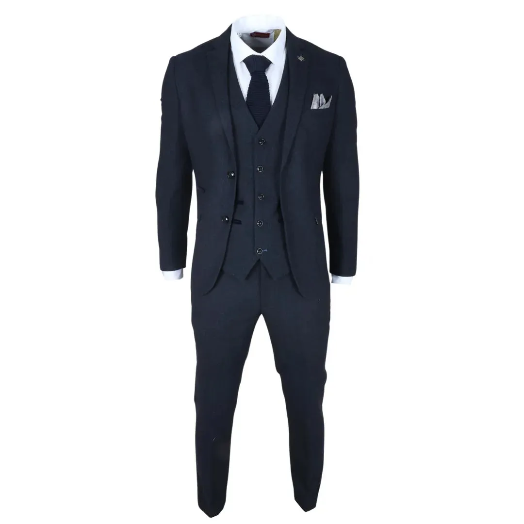 Oscar - Men's 3 Piece Navy Blue Wool Blend Tweed Suit