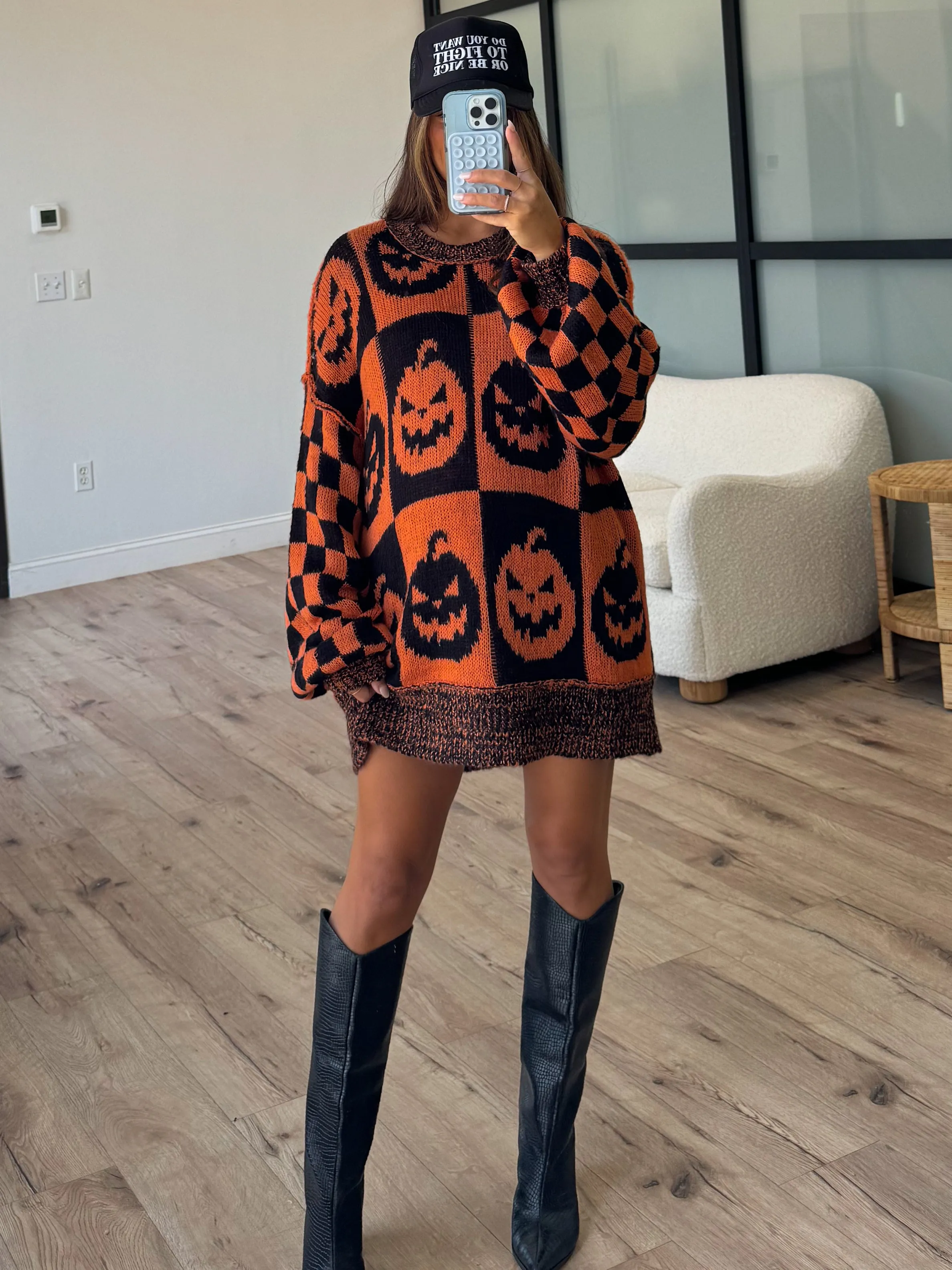 Oversized Checkered Pumpkin Sweater