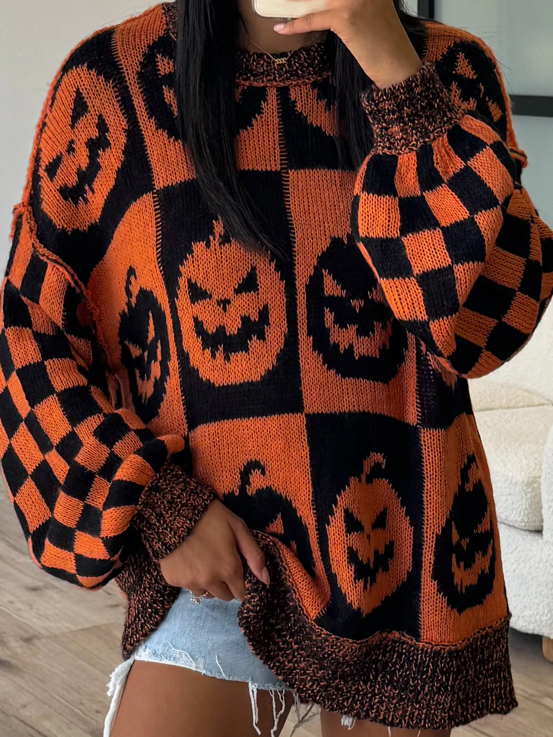 Oversized Checkered Pumpkin Sweater