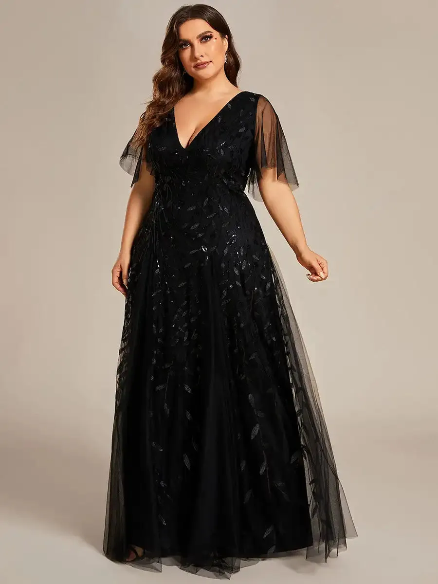 Plus Size Evening Dresses Long A-LINE Deep V-Neck Half Sleeves Floor-Length Gown 2024 Ever Pretty of GauzeDark Green Women Dress