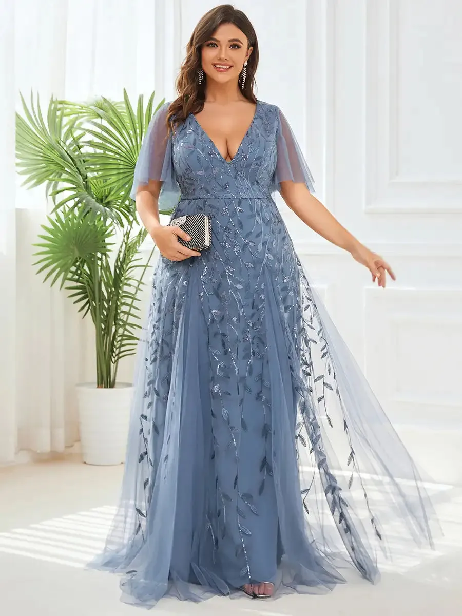 Plus Size Evening Dresses Long A-LINE Deep V-Neck Half Sleeves Floor-Length Gown 2024 Ever Pretty of GauzeDark Green Women Dress