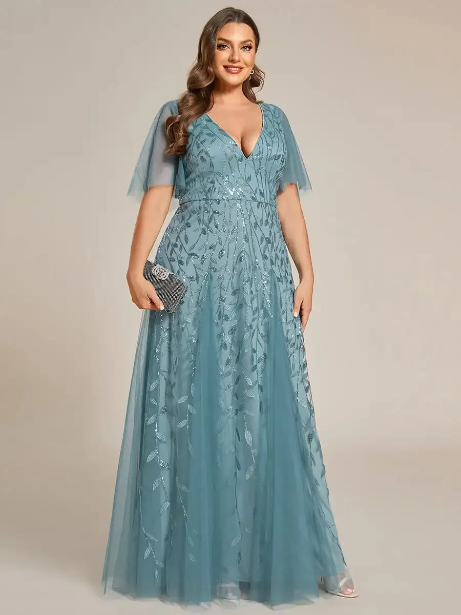 Plus Size Evening Dresses Long A-LINE Deep V-Neck Half Sleeves Floor-Length Gown 2024 Ever Pretty of GauzeDark Green Women Dress