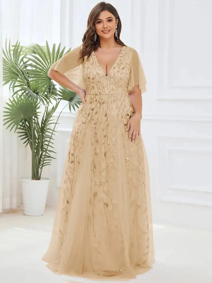 Plus Size Evening Dresses Long A-LINE Deep V-Neck Half Sleeves Floor-Length Gown 2024 Ever Pretty of GauzeDark Green Women Dress