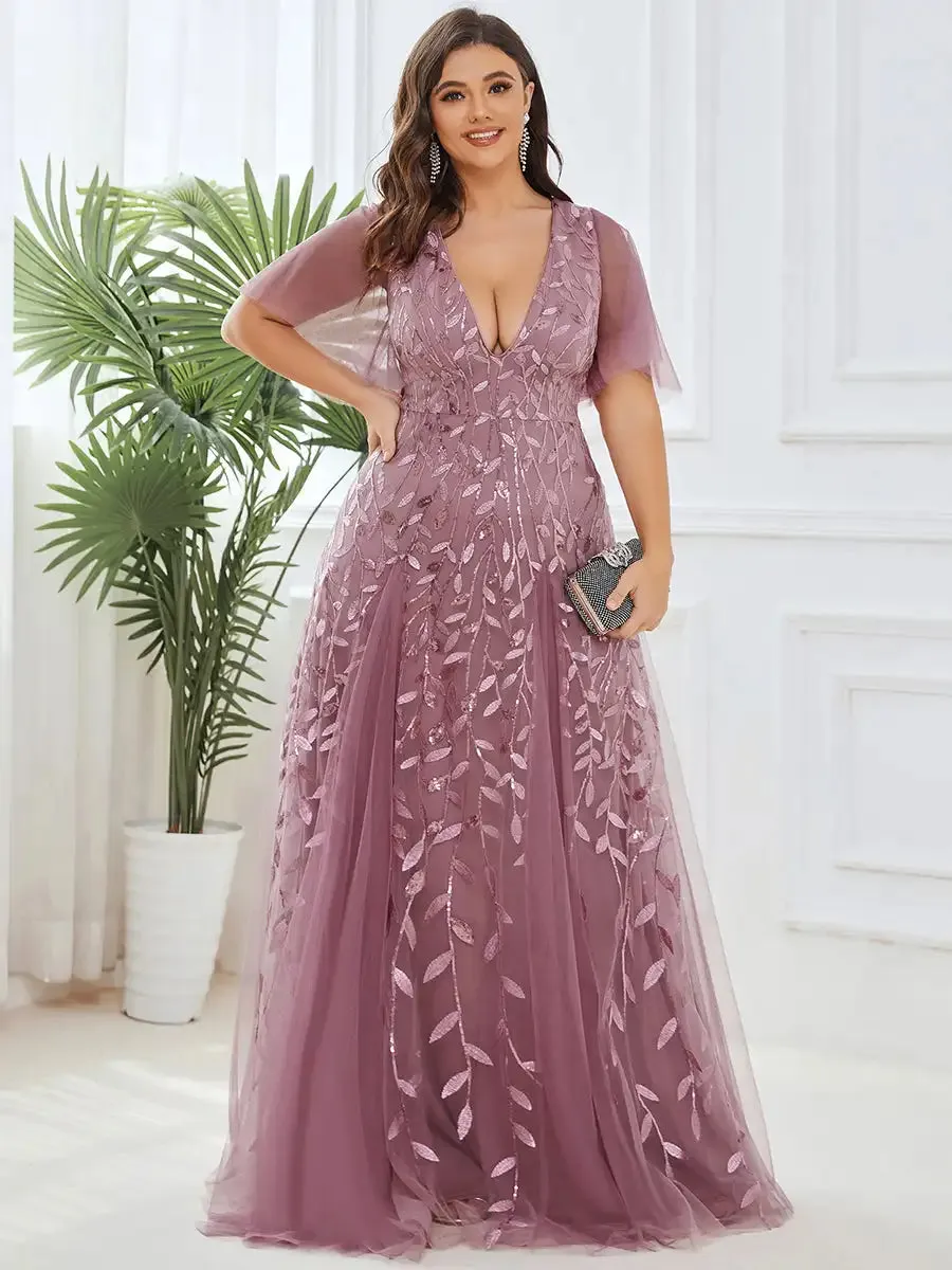 Plus Size Evening Dresses Long A-LINE Deep V-Neck Half Sleeves Floor-Length Gown 2024 Ever Pretty of GauzeDark Green Women Dress