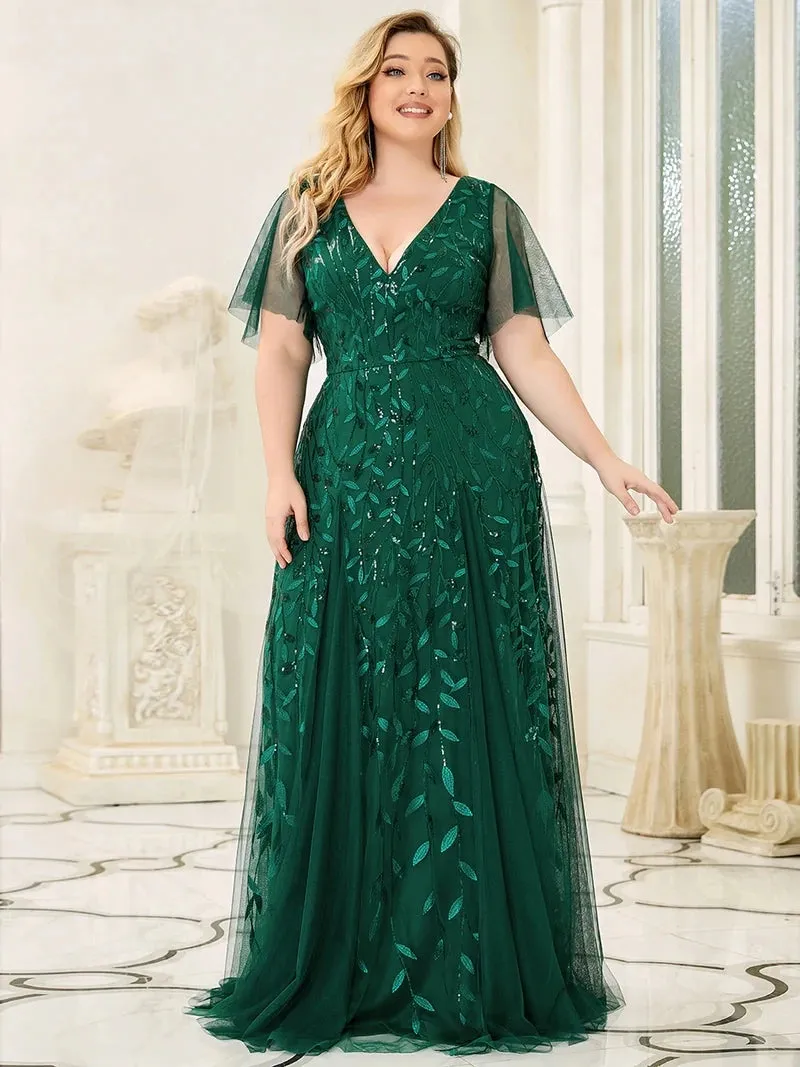 Plus Size Evening Dresses Long A-LINE Deep V-Neck Half Sleeves Floor-Length Gown 2024 Ever Pretty of GauzeDark Green Women Dress