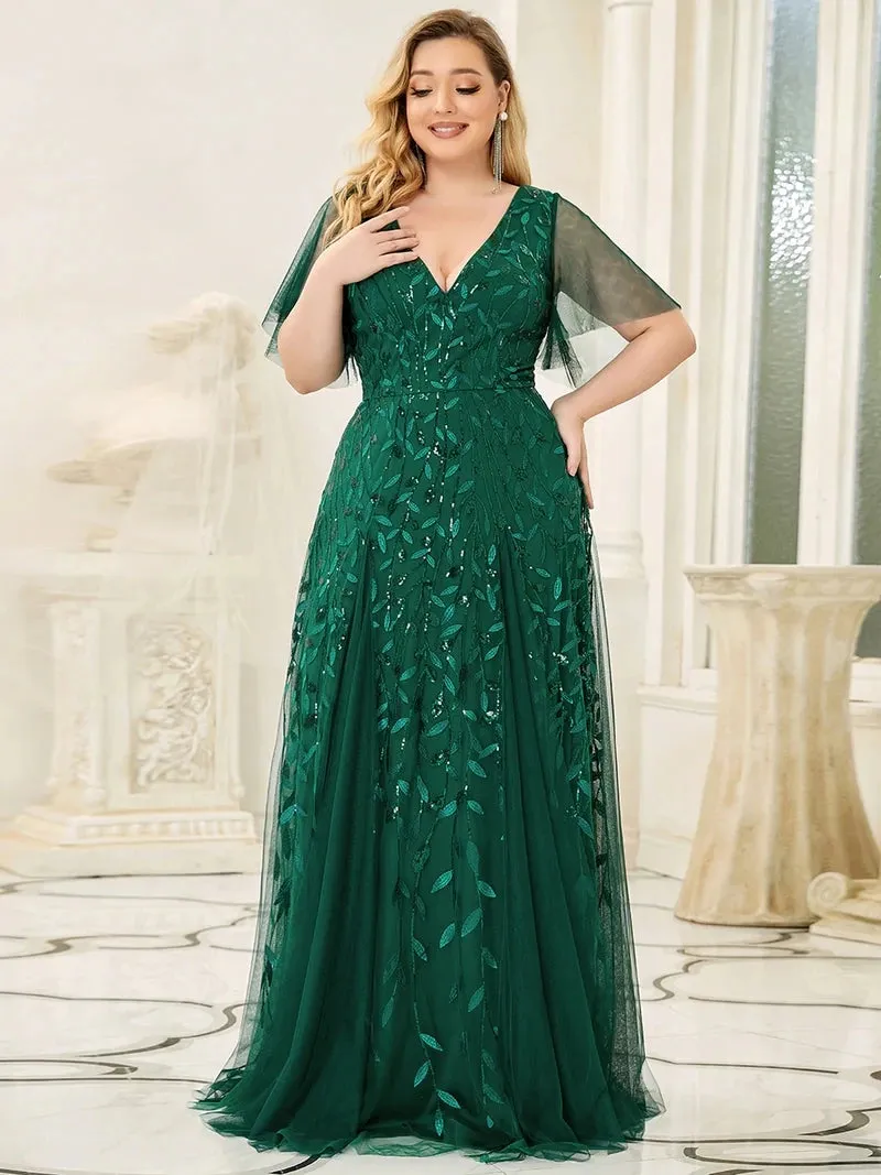 Plus Size Evening Dresses Long A-LINE Deep V-Neck Half Sleeves Floor-Length Gown 2024 Ever Pretty of GauzeDark Green Women Dress