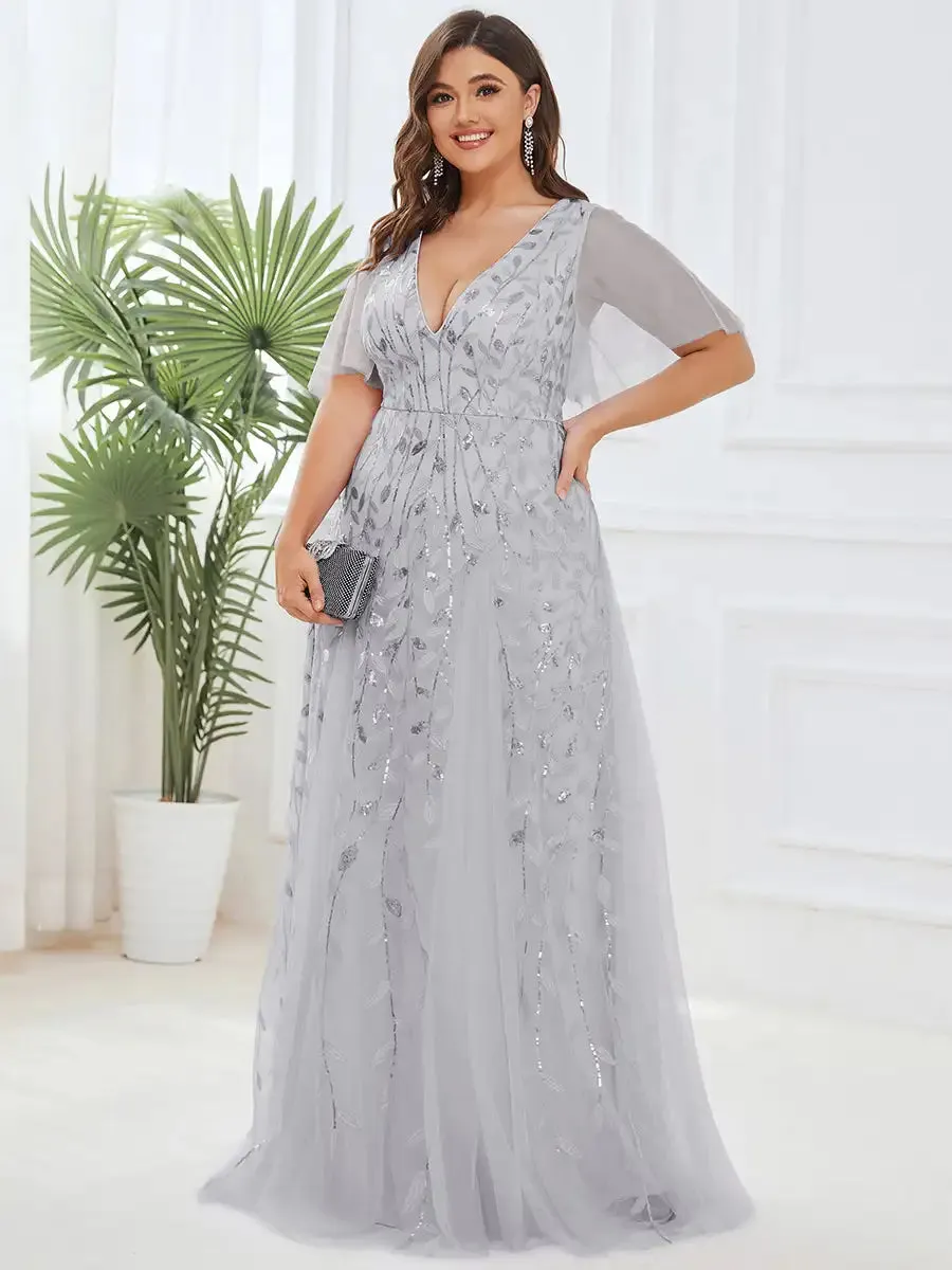 Plus Size Evening Dresses Long A-LINE Deep V-Neck Half Sleeves Floor-Length Gown 2024 Ever Pretty of GauzeDark Green Women Dress