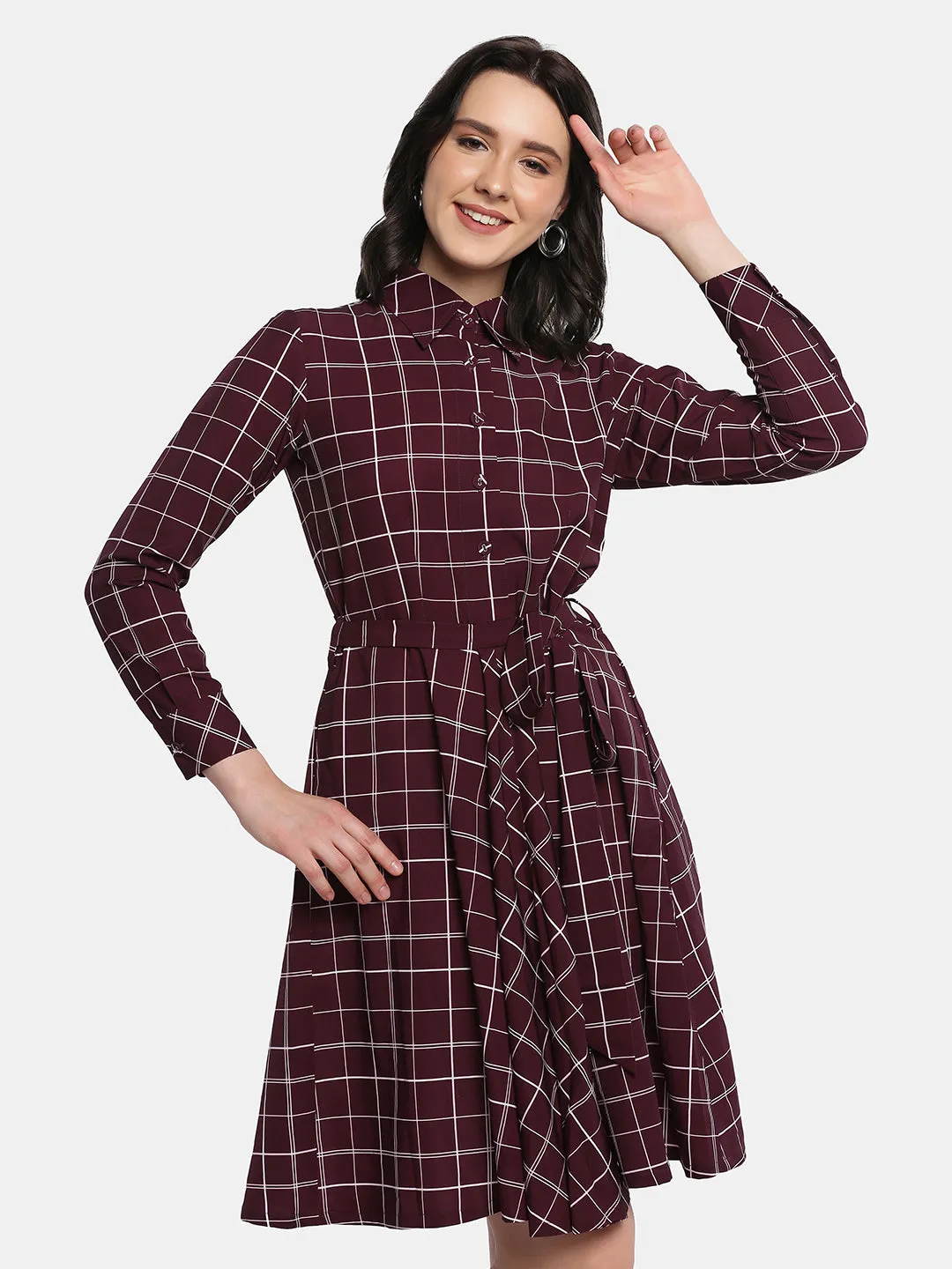 Poly Crepe Checkered Flare Shirt Dress - Maroon