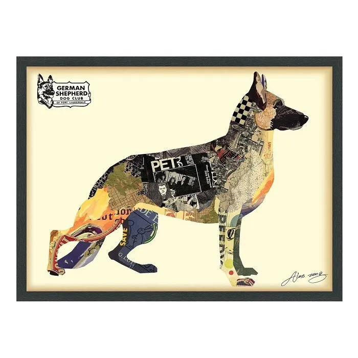 "German Shepherd" Dimensional Collage Framed Graphic Art Under Glass Wall Art