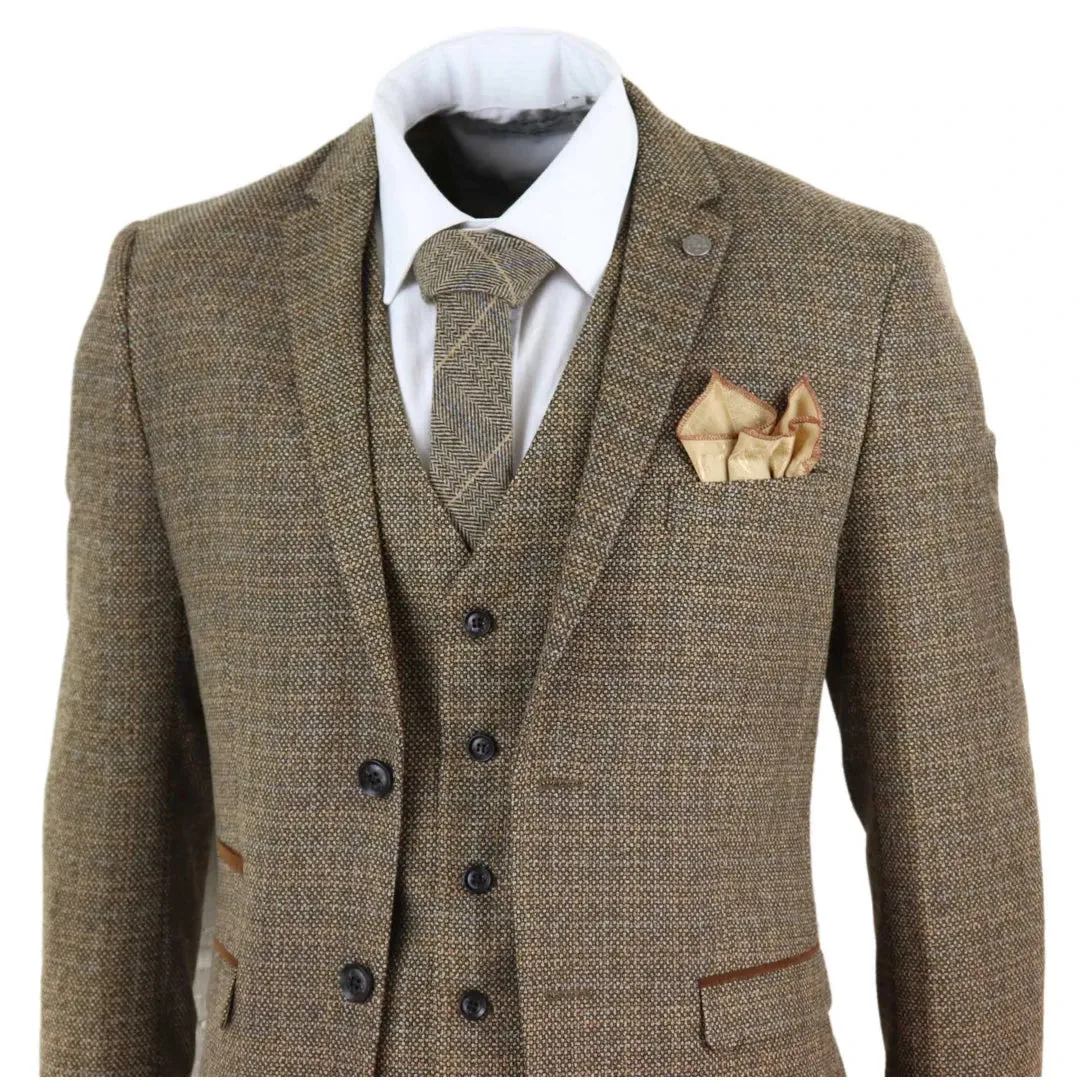 Ralph - Men's Boys 3 Piece Suit Cream Beige Tweed Check 1920s