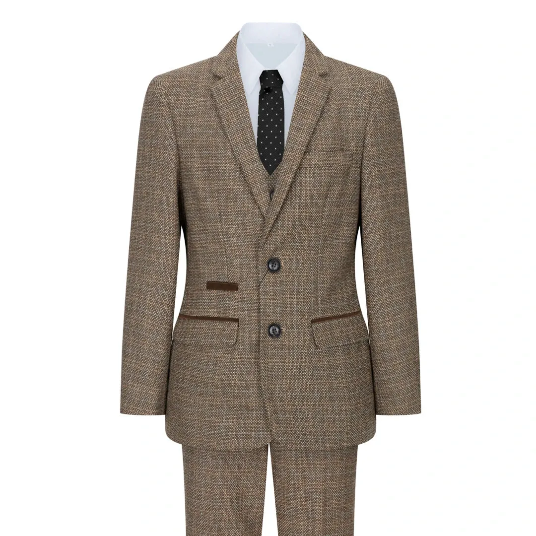 Ralph - Men's Boys 3 Piece Suit Cream Beige Tweed Check 1920s