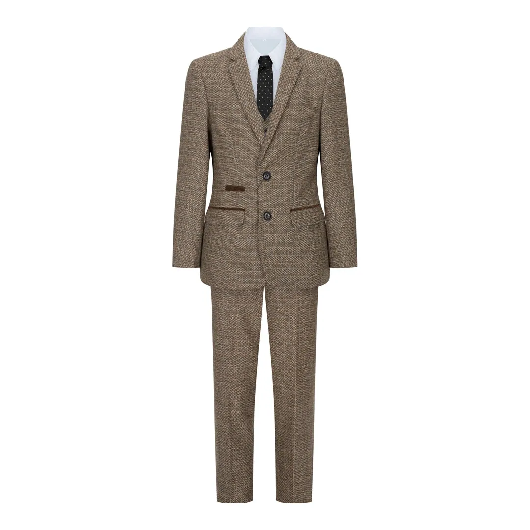 Ralph - Men's Boys 3 Piece Suit Cream Beige Tweed Check 1920s