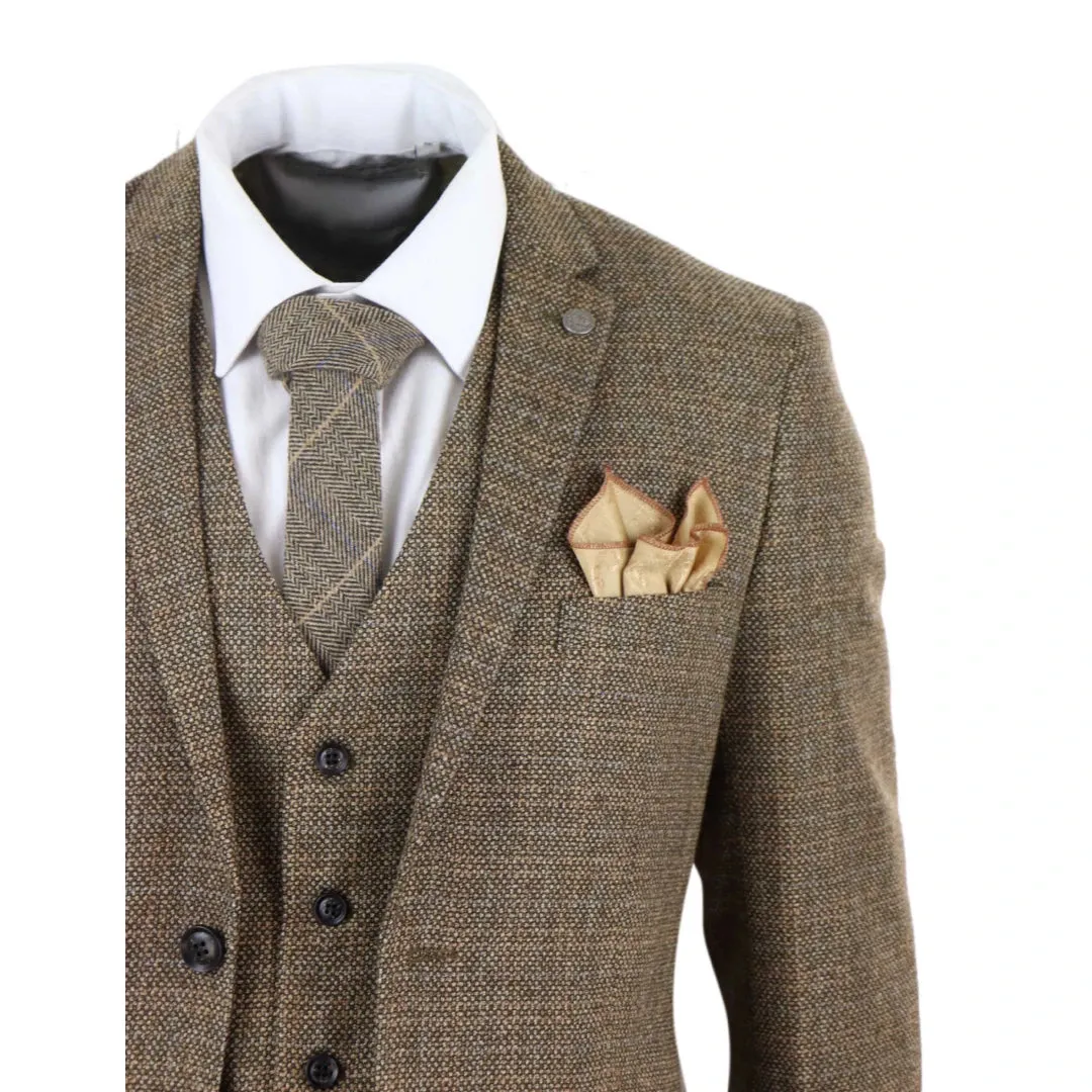 Ralph - Men's Boys 3 Piece Suit Cream Beige Tweed Check 1920s