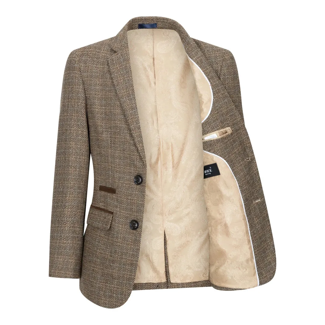 Ralph - Men's Boys 3 Piece Suit Cream Beige Tweed Check 1920s