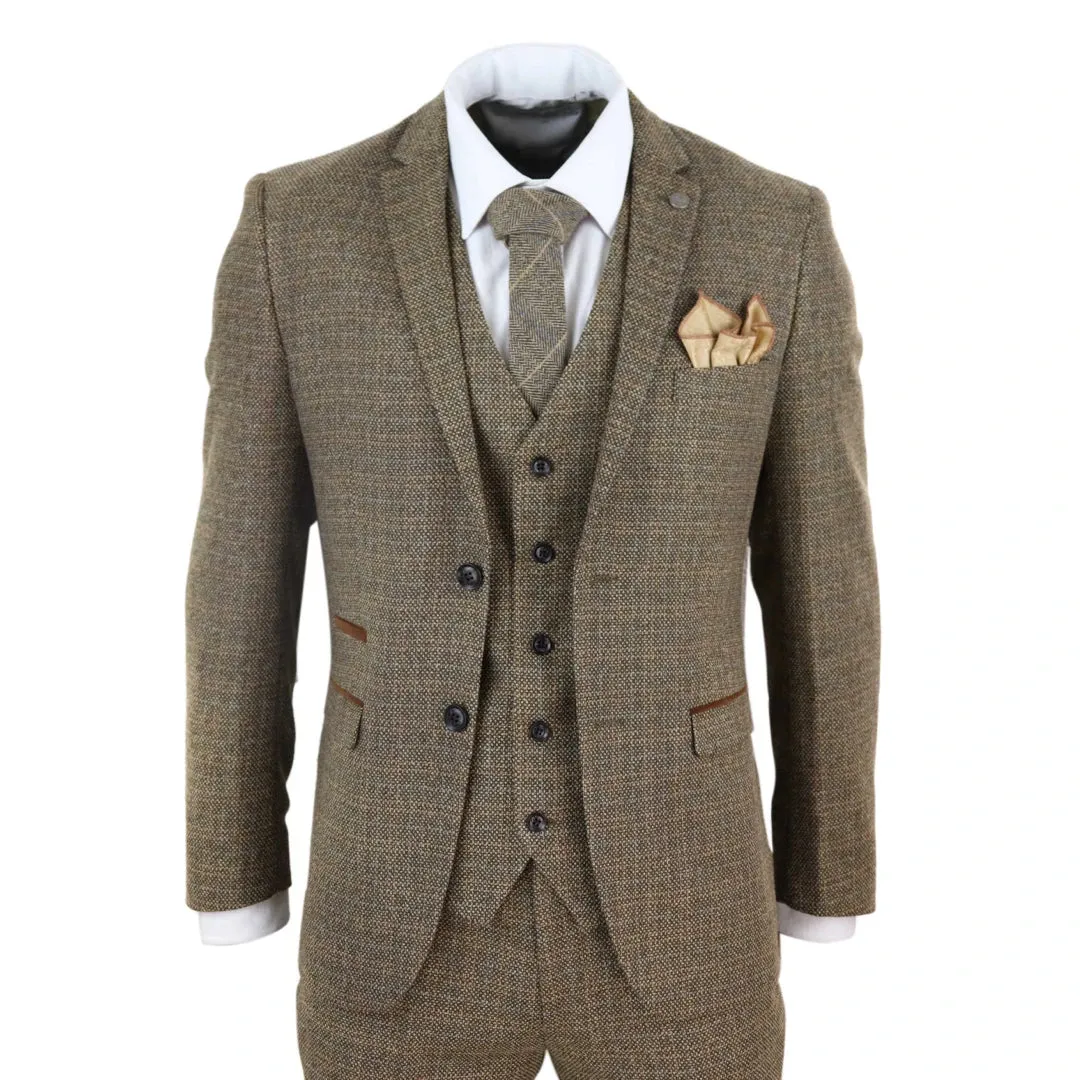 Ralph - Men's Boys 3 Piece Suit Cream Beige Tweed Check 1920s