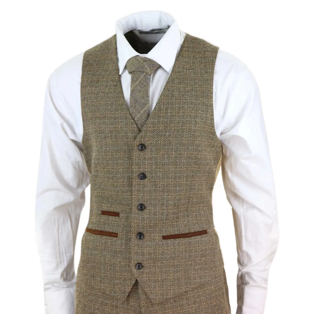 Ralph - Men's Boys 3 Piece Suit Cream Beige Tweed Check 1920s