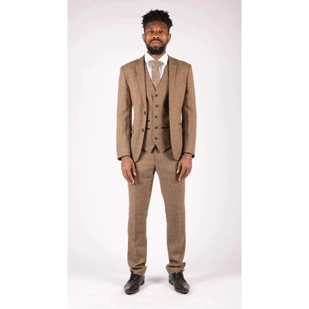 Ralph - Men's Boys 3 Piece Suit Cream Beige Tweed Check 1920s