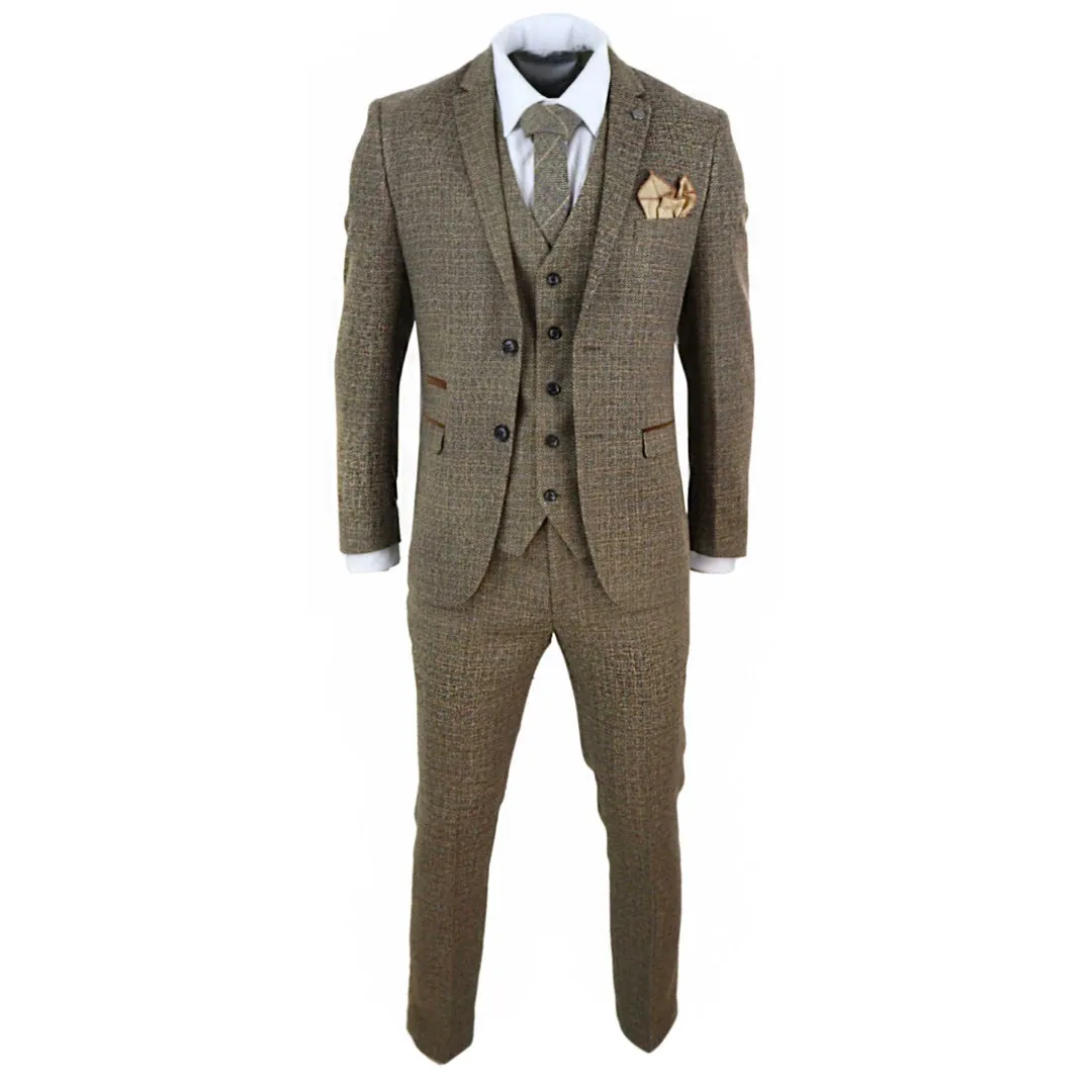 Ralph - Men's Boys 3 Piece Suit Cream Beige Tweed Check 1920s