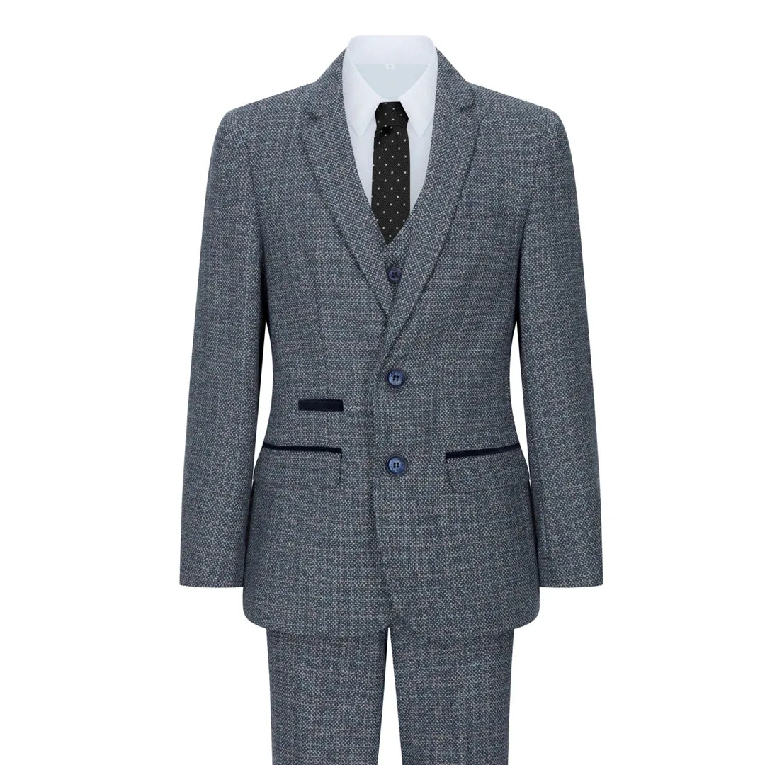 Ralph - Men's Boys Navy 3 Piece Suit Tweed Check 1920s