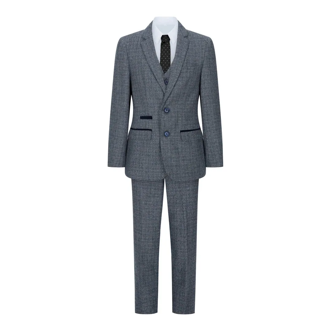 Ralph - Men's Boys Navy 3 Piece Suit Tweed Check 1920s