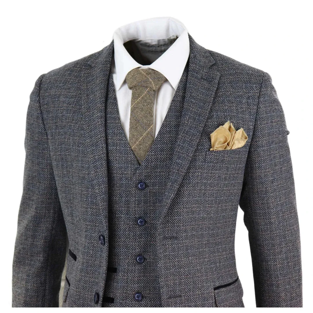 Ralph - Men's Boys Navy 3 Piece Suit Tweed Check 1920s