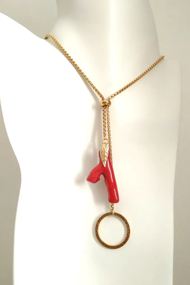 Red Coral Branch  with Hammered Circle Slider Necklace