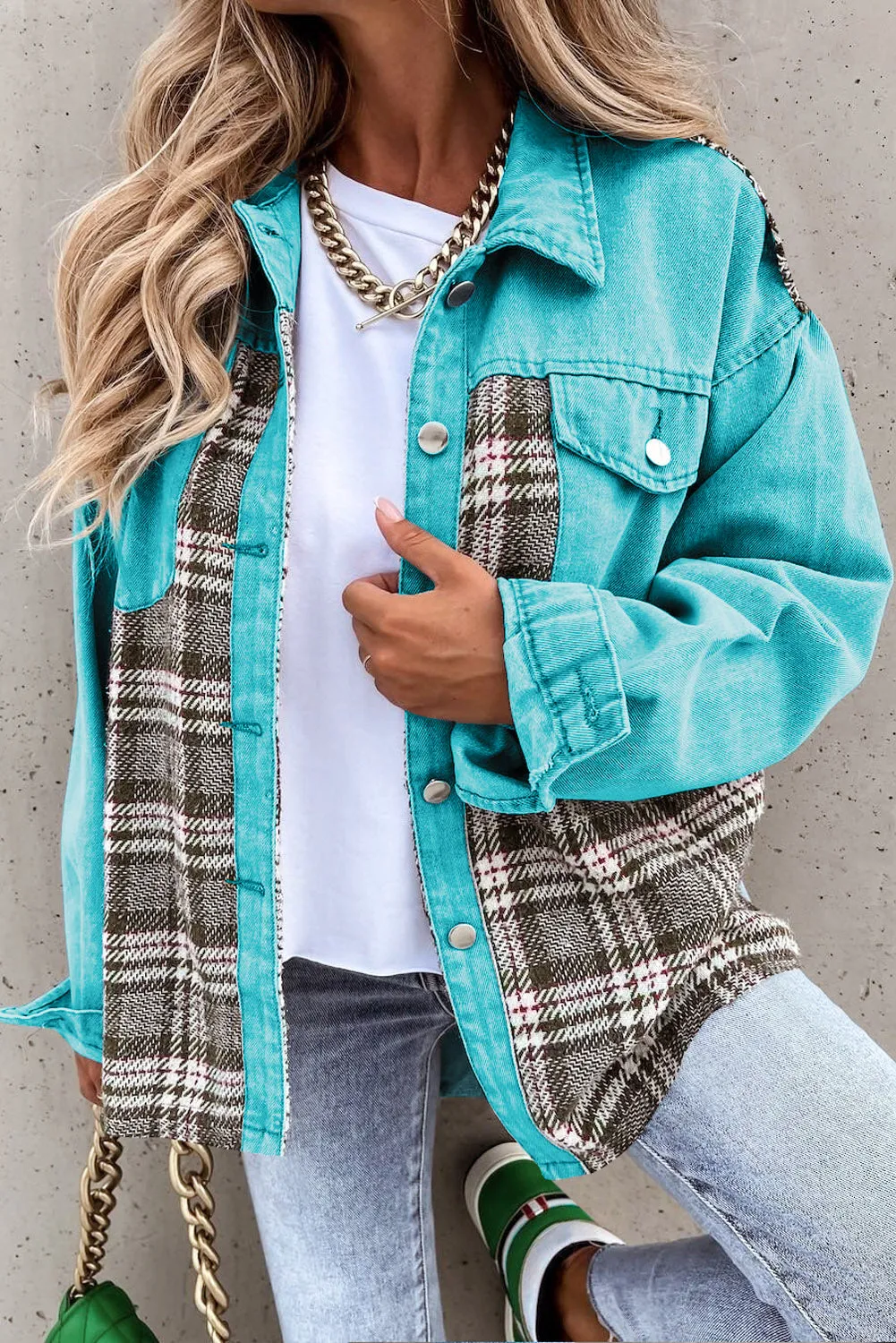 Sky Blue Plaid Patchwork Pockets Denim Jacket