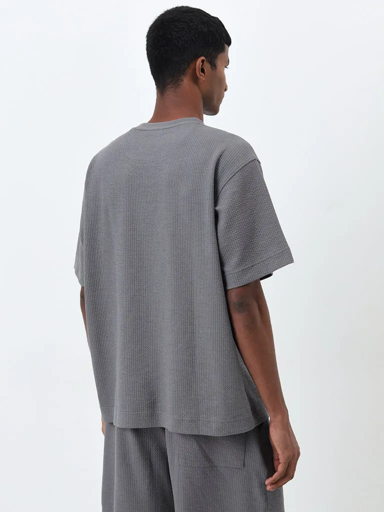 Studiofit Grey Self-Textured Relaxed-Fit T-Shirt