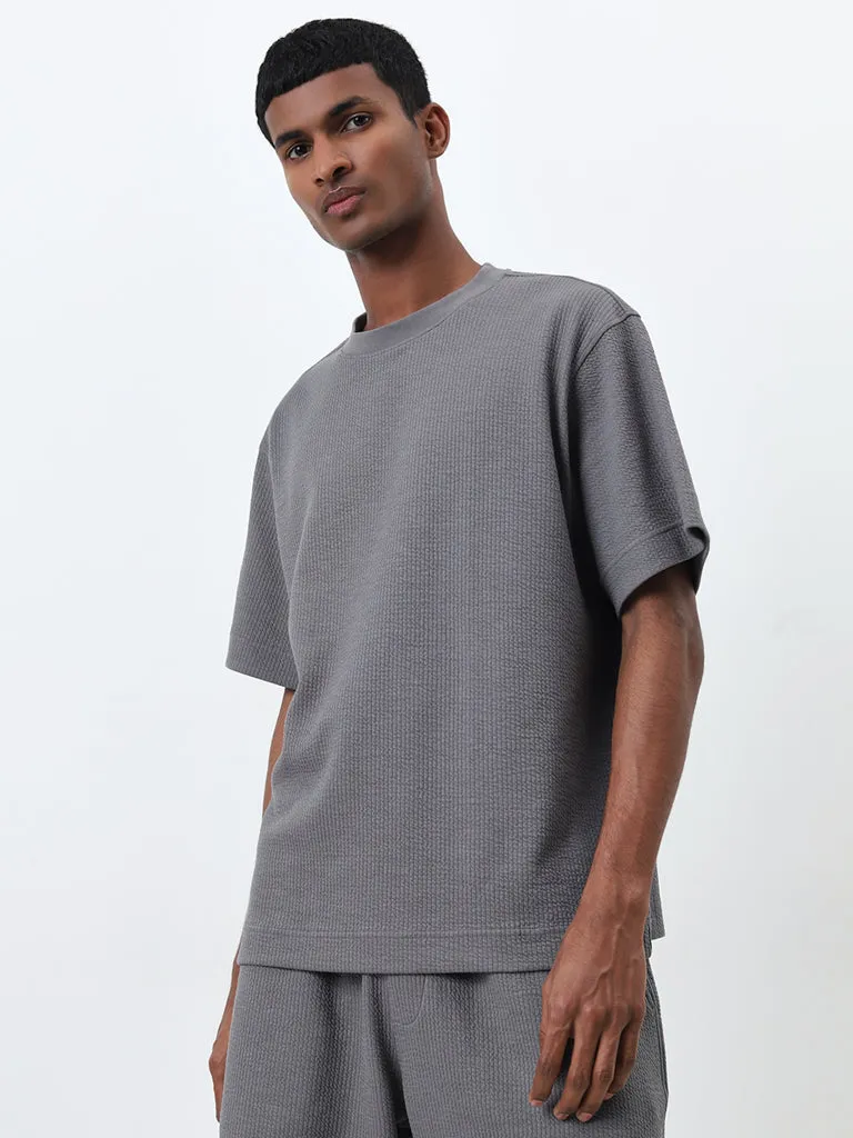 Studiofit Grey Self-Textured Relaxed-Fit T-Shirt