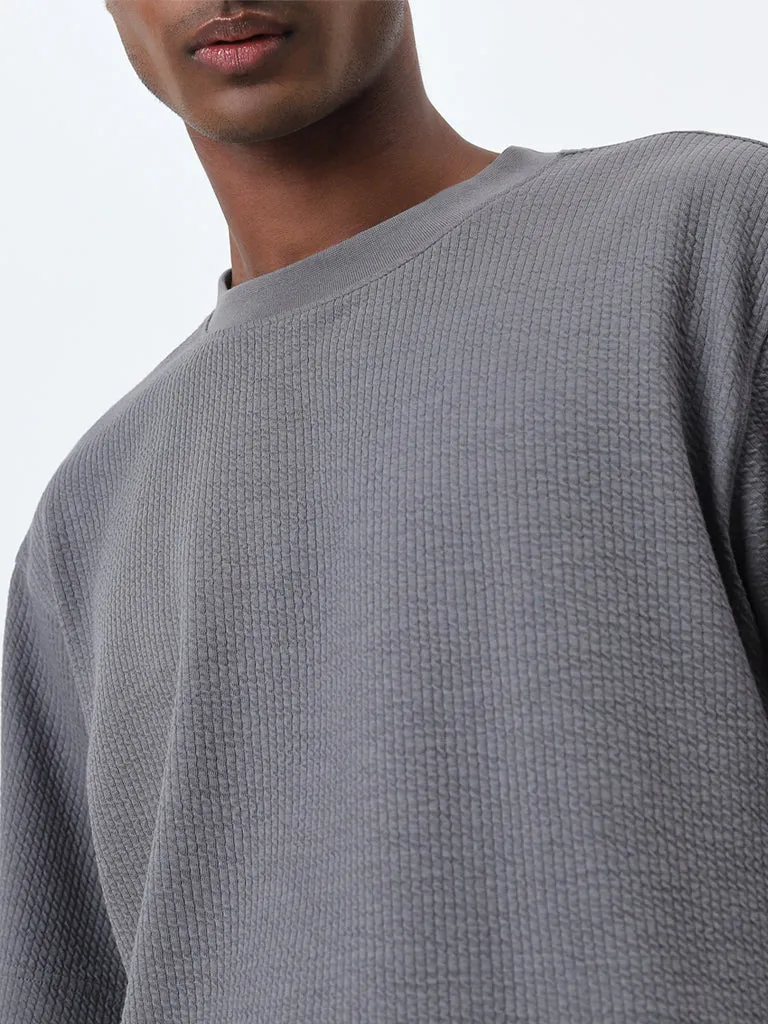 Studiofit Grey Self-Textured Relaxed-Fit T-Shirt