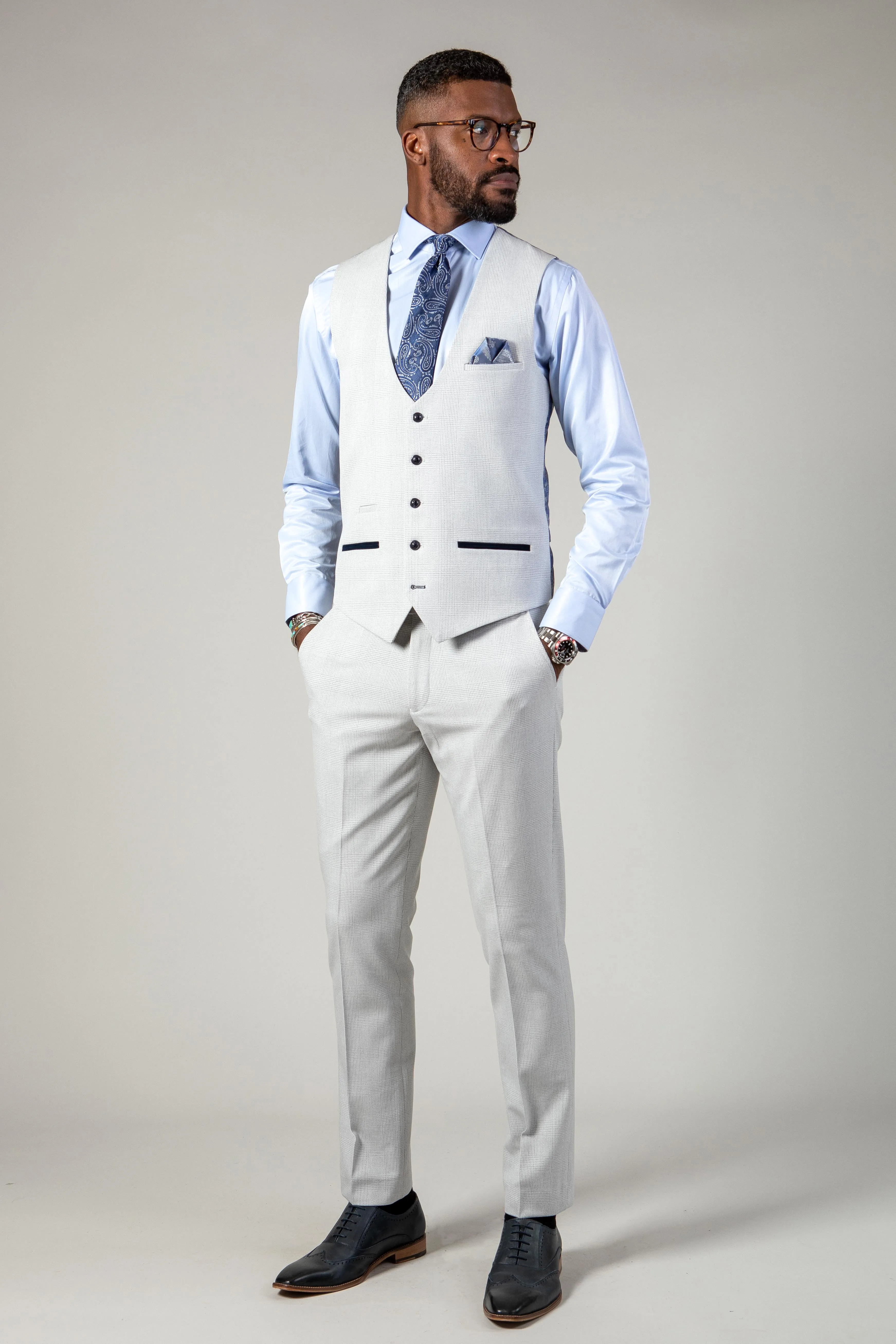 The WBA Collection - BROMLEY Stone Suit With Kelvin Navy Waistcoat