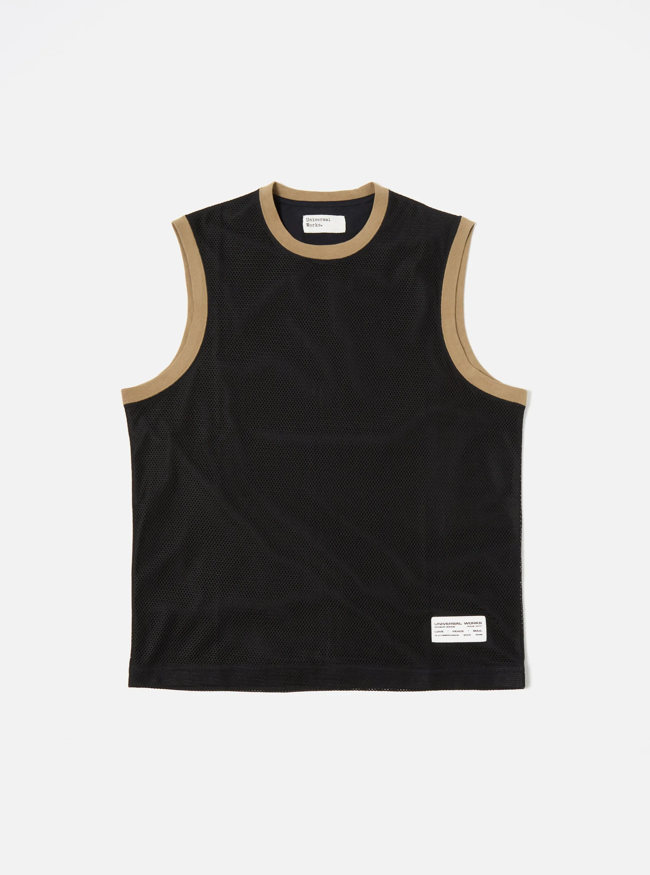 Universal Works Basketball Vest in Black/Navy Mesh/Single Jersey