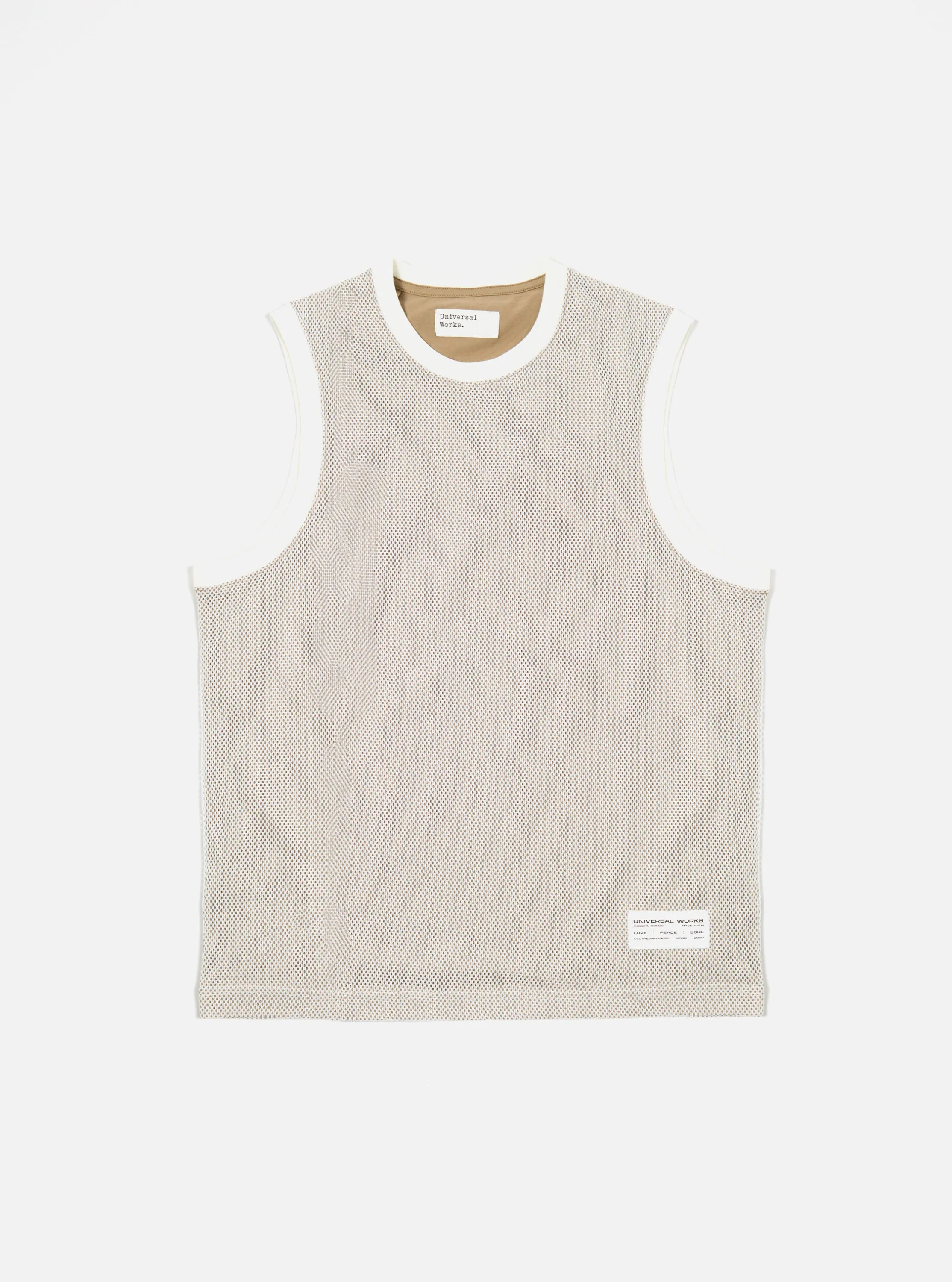 Universal Works Basketball Vest in White/Sand Mesh/Single Jersey