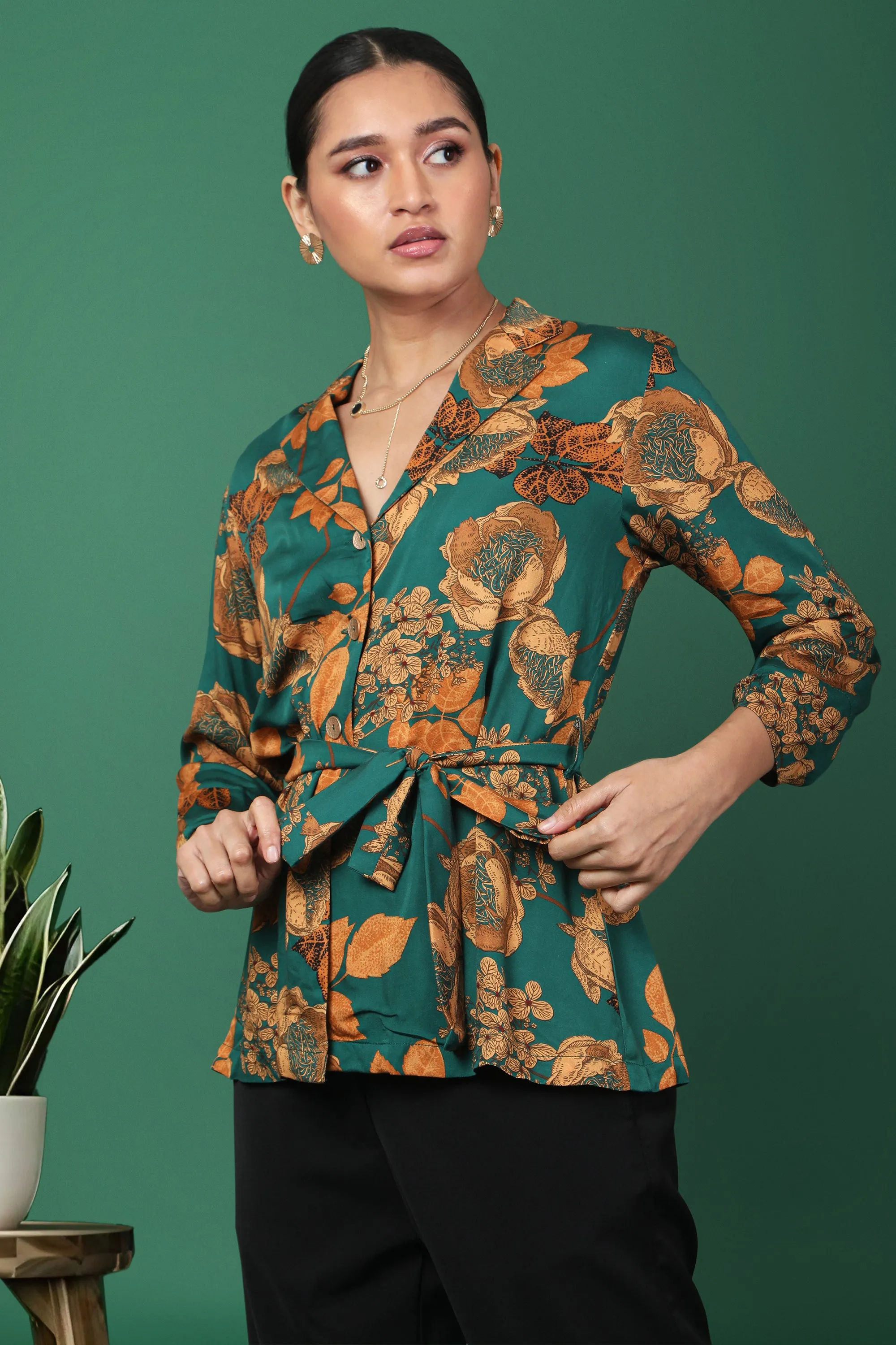 Vert Floral Printed Top With Belt