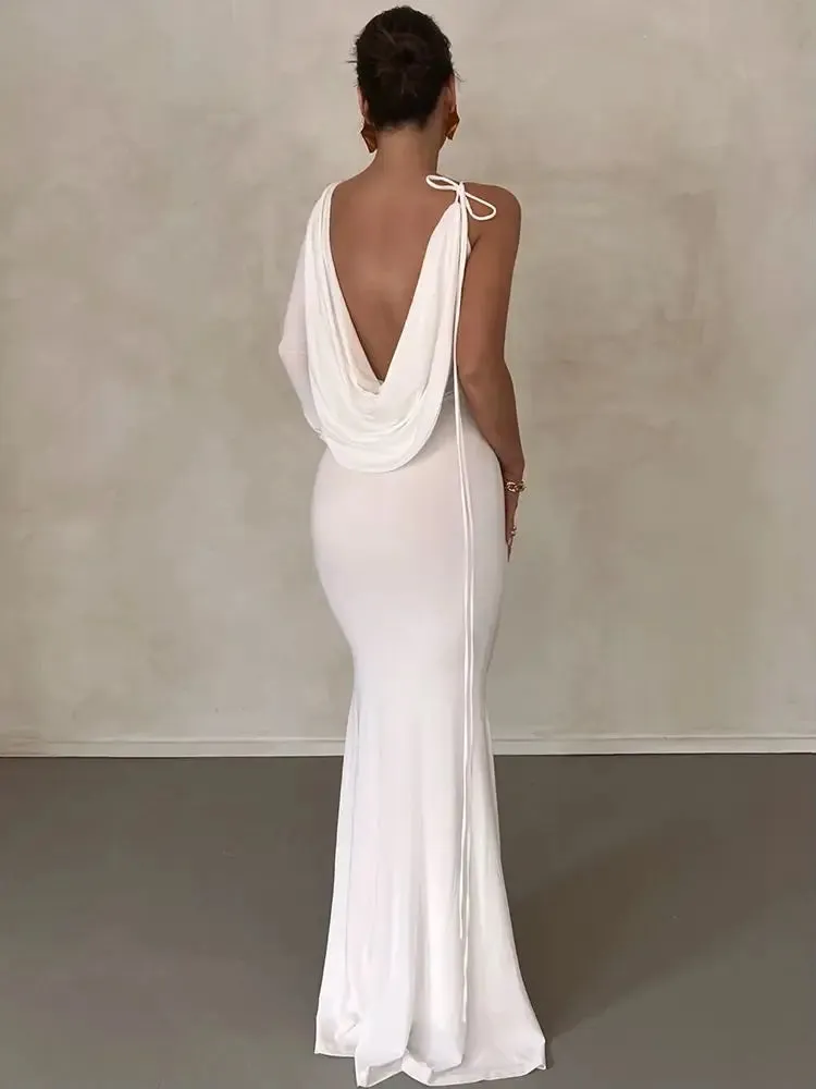 WeiYao Sexy Backless Slip Maxi Dress Draped Gown Outfits for Women Elegant Party Club Dresses Robes Lace Up Vestido Night Club